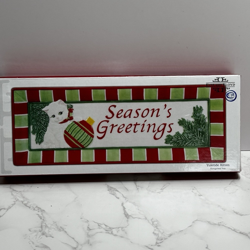 Fitz & Floyd "Season's Greetings" Yuletide Kitten Christmas Elongated Tray